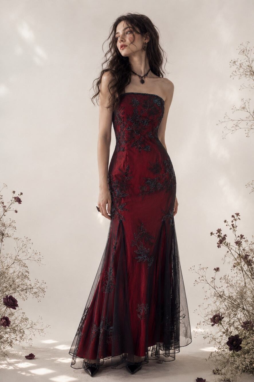 Vintage Cache Strapless Beaded Burgundy Black Evening Gown Mesh Dress Whimsygoth
